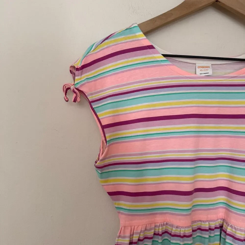 Gymboree Girls Rainbow Stripe Midi Dress XL 14 Knit Cap Sleeve Twirl Soft Preppy